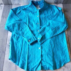 Merona Long Sleeve 100% Linen Turquoise Button Down Top - Size L